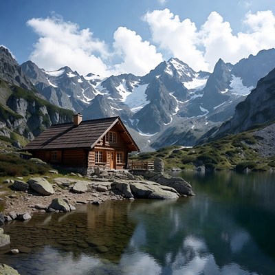 Wooden Cabin by Alpine Lake
