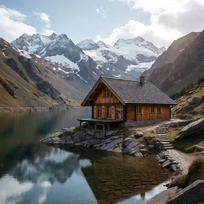 Wooden Cabin by Alpine Lake