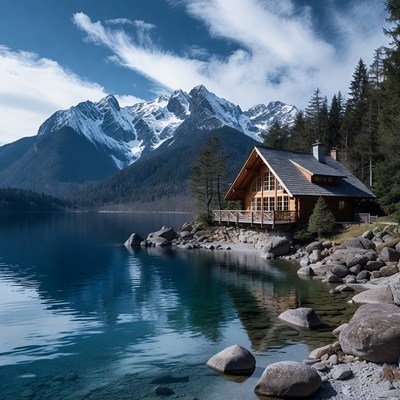 Chalet by Alpine Lake and Mountains
