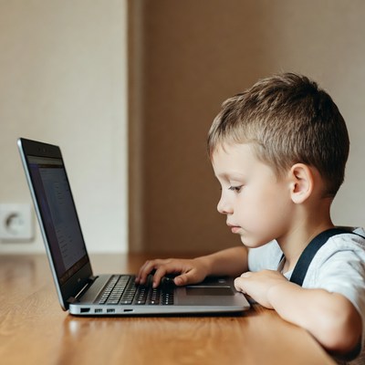 Boy using laptop at table