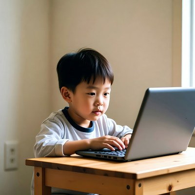 Asian boy using laptop at table