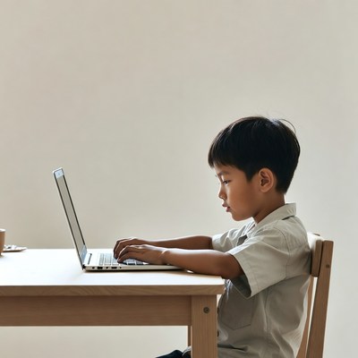 Asian boy typing on laptop