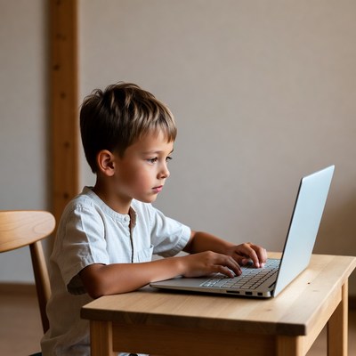 Boy typing on laptop