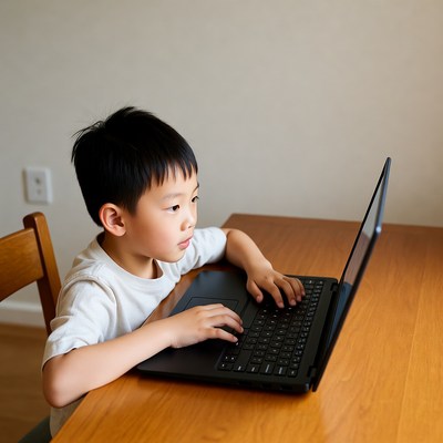 Asian boy typing on laptop
