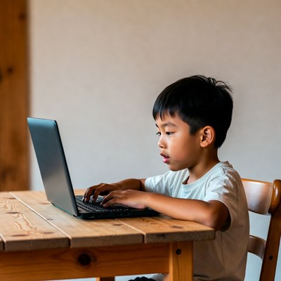 Asian boy typing on laptop