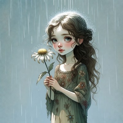 Girl holding daisy in rain