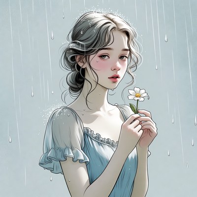 Girl holding white flower in rain