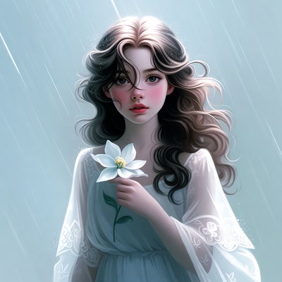 Girl holding white flower in rain
