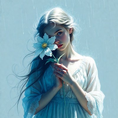 Girl holding white daisy in rain