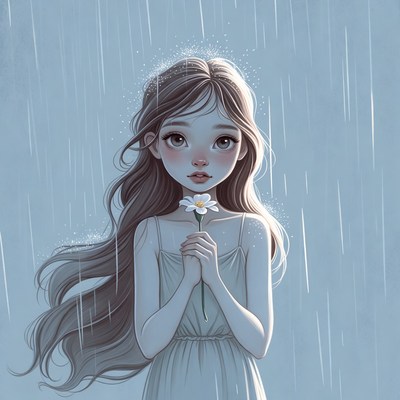 Girl holding daisy in rain