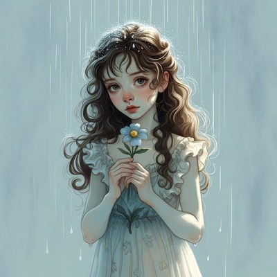 Girl holding blue flower in rain
