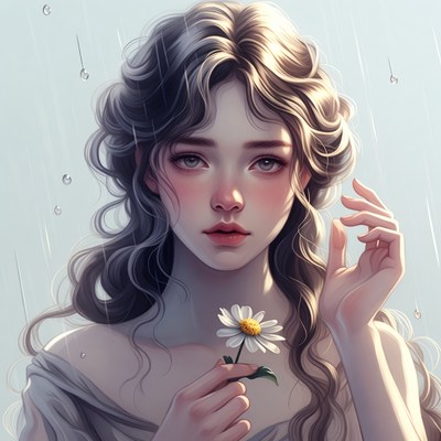 Woman holding daisy in rain