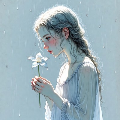 Girl smelling white flower in rain