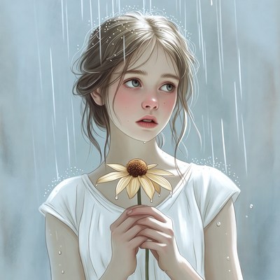 Girl holding daisy in rain