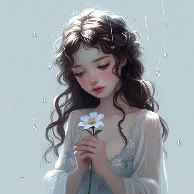 Girl holding white daisy in rain