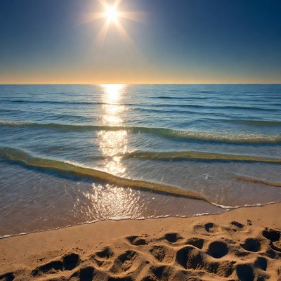 Sunset over beach with footprints