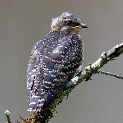Fluffy baby spotted owlet on branch
