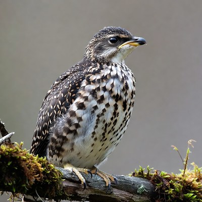 Spotted Thrush Chick on Mossy Branch