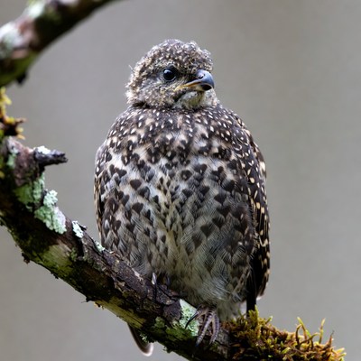 Baby thrush perched on mossy branch