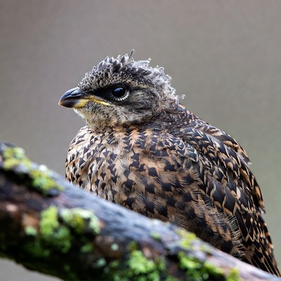 Fluffy baby bird on mossy branch
