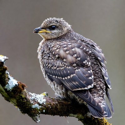 Baby Starling Perched on Mossy Branch