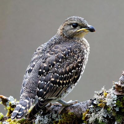 Spotted Chick Perched on Mossy Branch