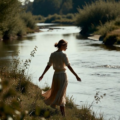 Woman in white sweater by river