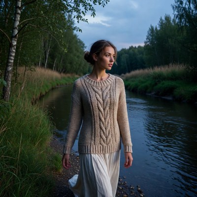 Woman in Cable Knit Sweater by River