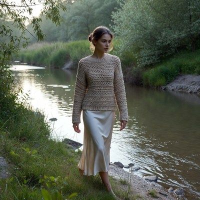 Woman walking by riverside in sweater dress