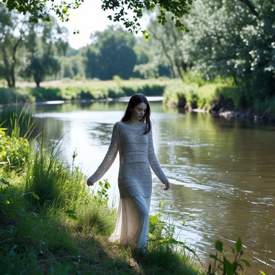 Woman walking by riverside in sweater