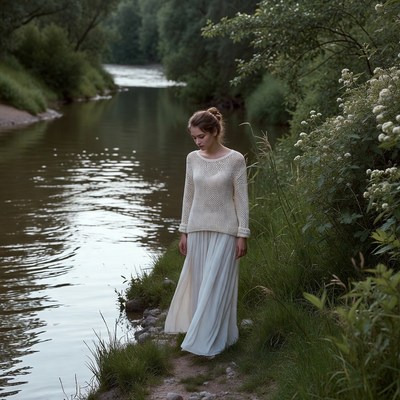 Woman standing by river in white dress