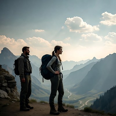 Hikers overlooking mountain valley
