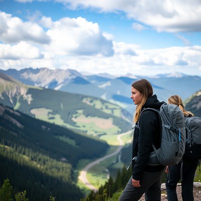 Two women hikers overlooking mountains