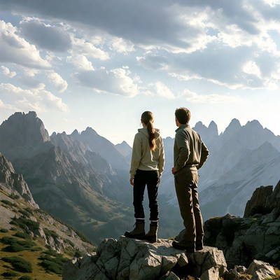 Couple standing on mountain peak
