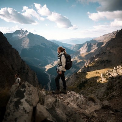 Woman hiking mountain ridge overlook