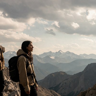 Woman hiking with backpack in mountains