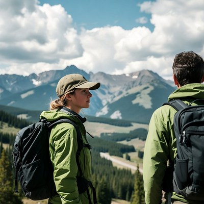 Hiker couple overlooking mountains