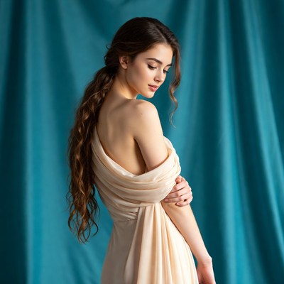 Woman in draped gown against blue backdrop