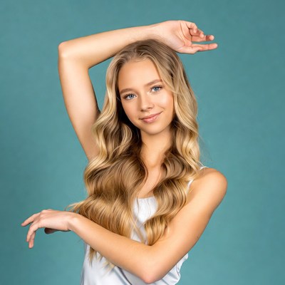 Blonde woman posing arms raised