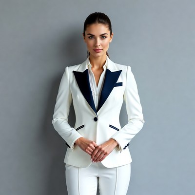 Woman in white tuxedo suit