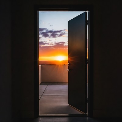 Open door to sunset balcony