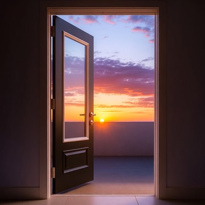 Open door to sunset sky
