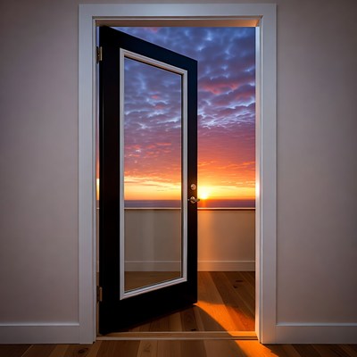 Open door to sunset sky