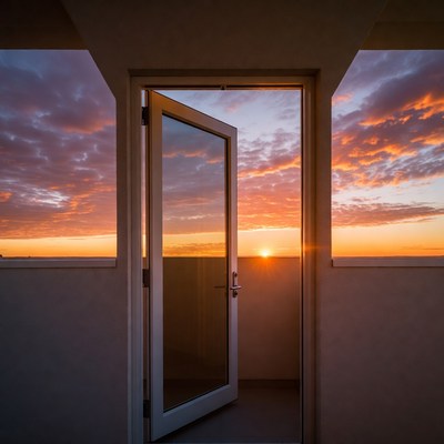Open door framing sunset sky