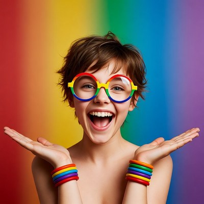 Girl with rainbow glasses smiling