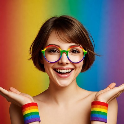 Woman with rainbow glasses and wristbands
