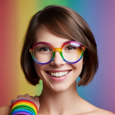 Smiling woman with rainbow glasses
