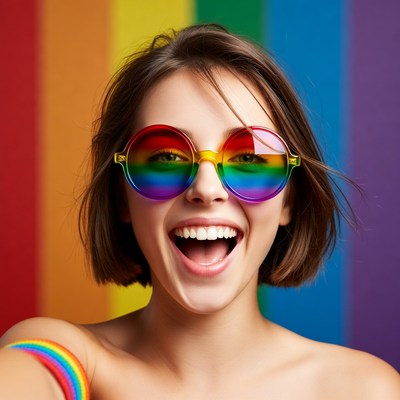 Woman in Rainbow Sunglasses Smiling
