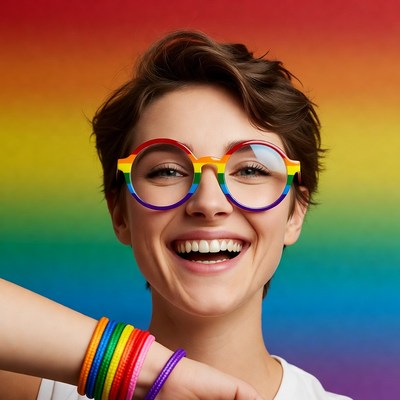 Woman smiling in rainbow glasses