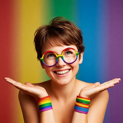 Smiling woman in rainbow glasses